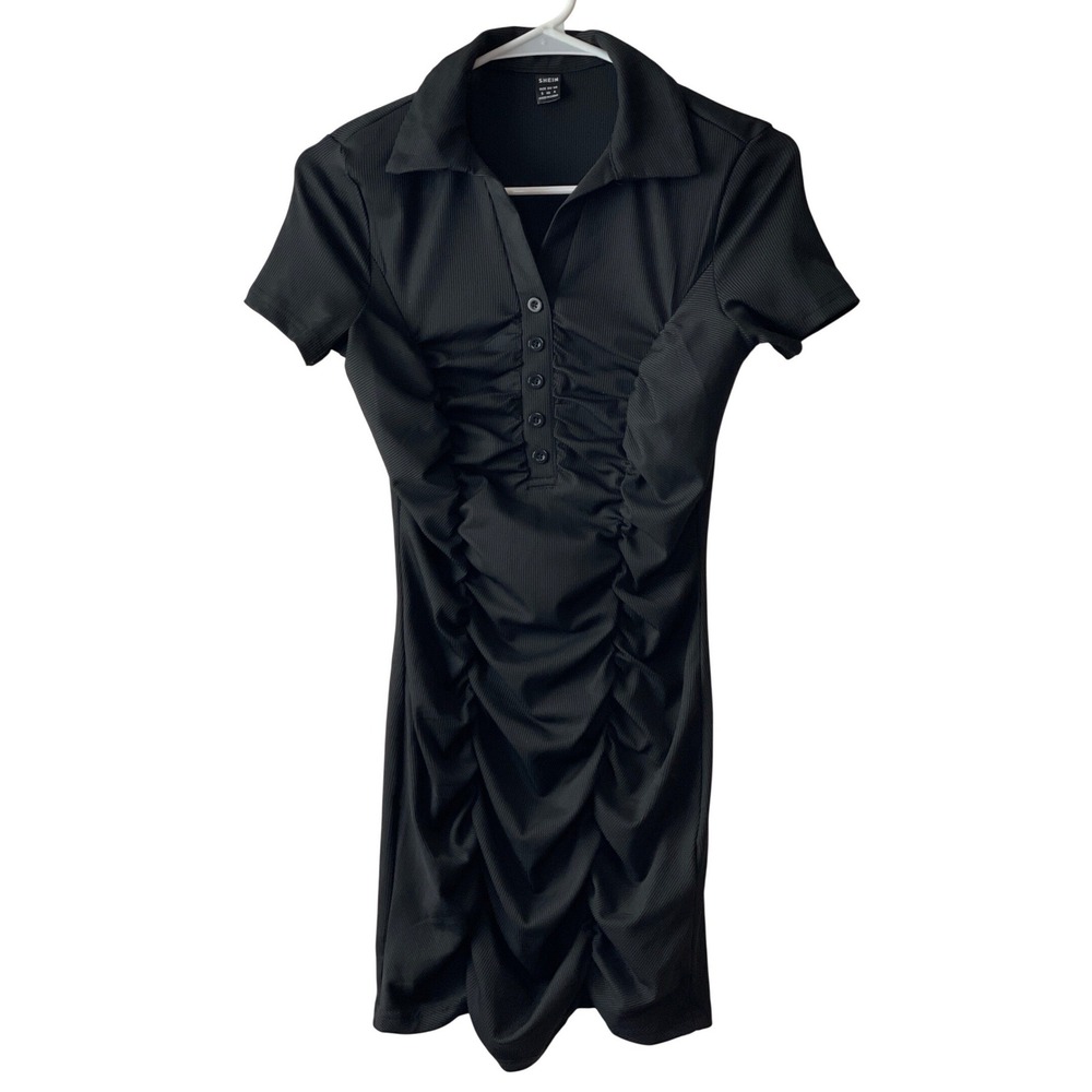 SHEIN Ruched‎ Black Mini Dress Womens S/4 Ribbed Short Sleeve Polo Y2k Clubwear